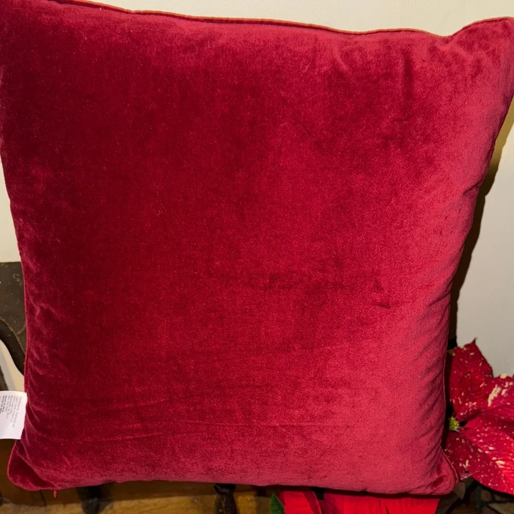 Festive Red Holiday Pillow with Sequin Snow Globe Design